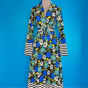 Lost + Wander Mixed Print Tie Blouse & Midi Skirt Set in Blue Floral Stripes XS